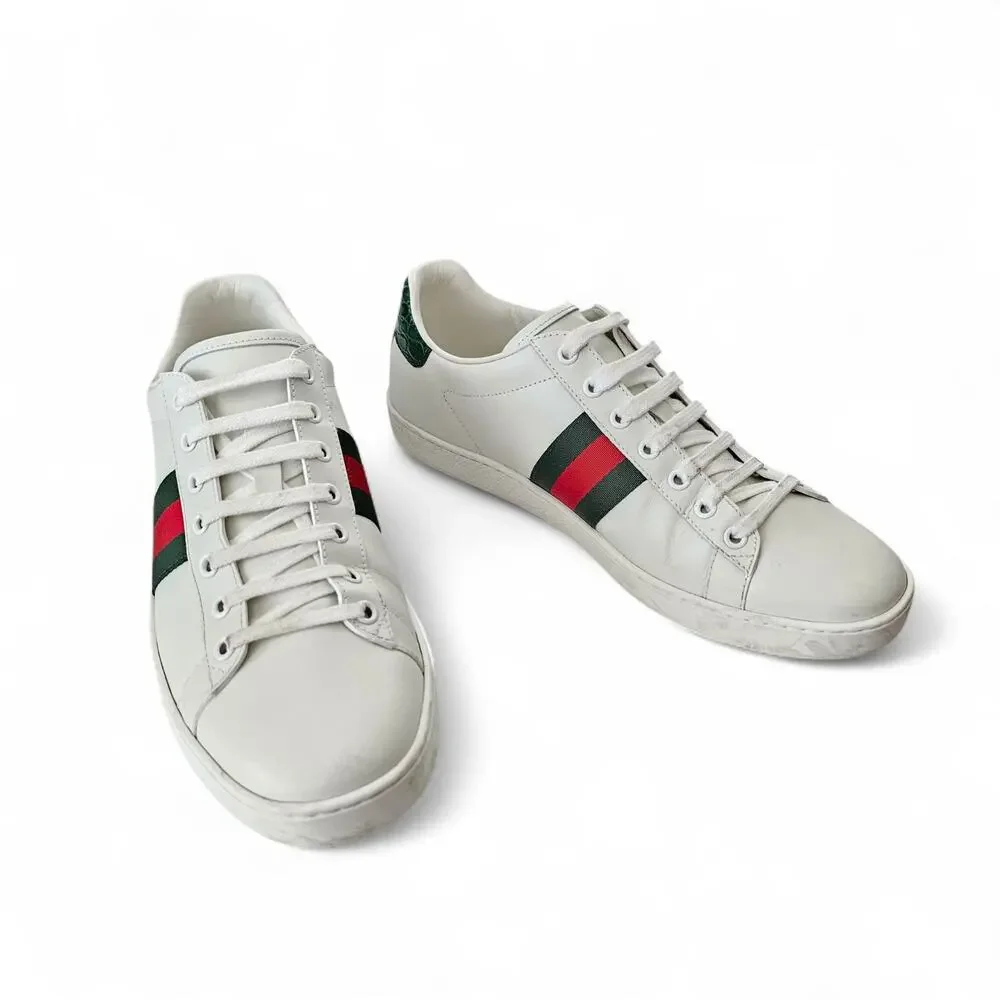 Gucci Ace Web Stripe Low Top Sneaker White Leather Green Red Size 40.5 US 10.5